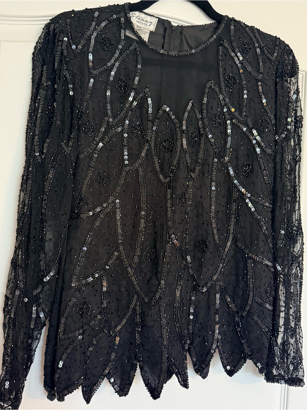 Vintage 1990s Sténay Petite Black Silk Beaded Sequin Evening Blouse